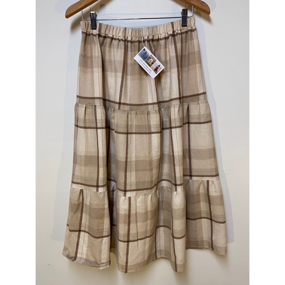 Womens Flannel Mom and Pop's Kids Maxi Skirt Medium Tan Plaid Upcycled Tiered